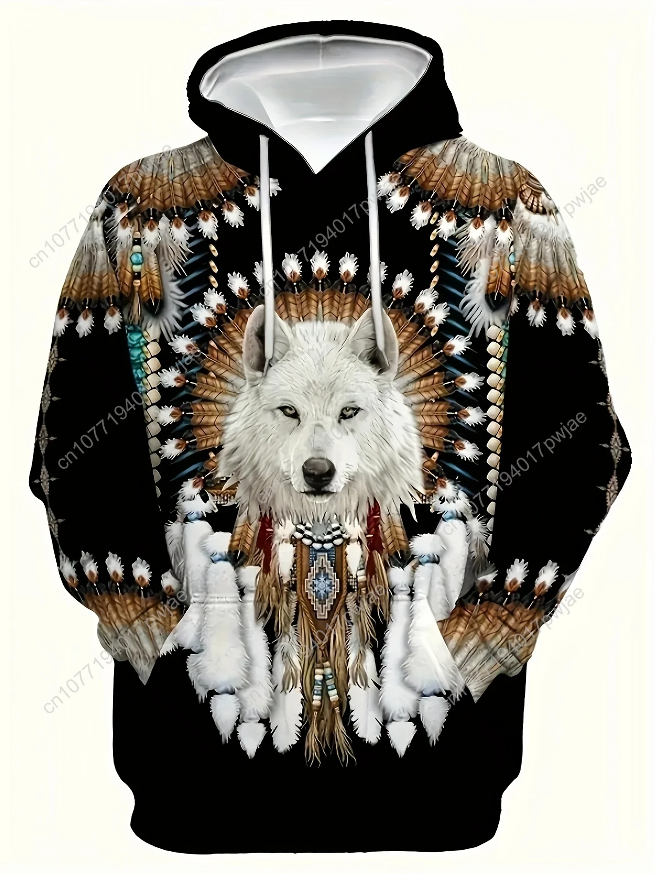 Felpa con cappuccio da uomo alla moda con stampa grafica lupo - Abbigliamento da esterno casual con tasca a marsupio con cappuccio a maniche lunghe e morbido pile