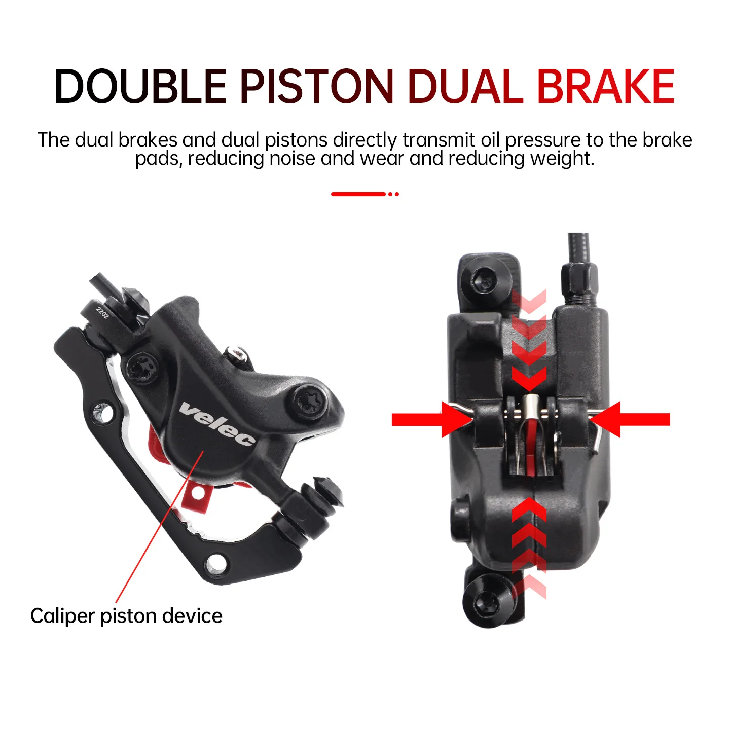 Velec E-Bike Hydraulic Disc Brake Set 2-Piston Power off for Electric Bikes Scooters MTB - Front Rear Brakes with Oil Pipe 950mm - view 4