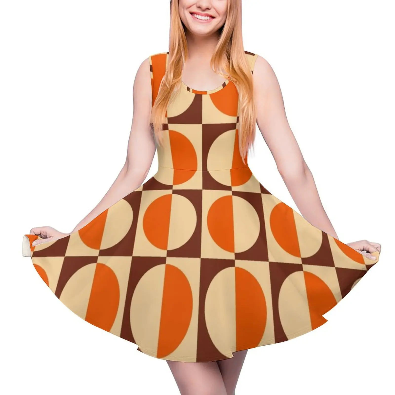 

Женское винтажное платье без рукавов, оранжевое, коричневое и бежевое платье с геометрическим принтом в стиле ретро 70-х годов, платье для особых случаев