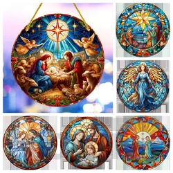 Nativity Christmas Ornament Acrylic Round Sign,Religious Jesus & Virgin Mary Hanging Plate,Home Wall Room Decor-Festival Gifts 