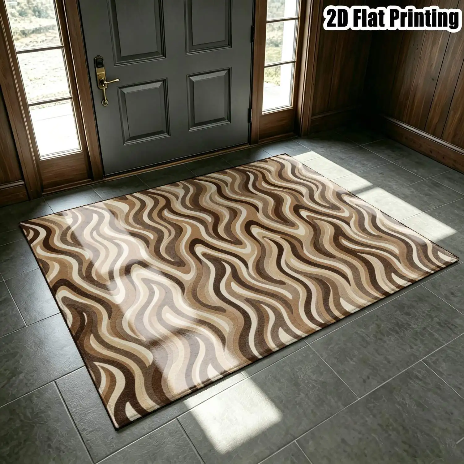 1Pc 2D Printed Brown-Beige Gradient Wave Carpet: Modern Simple Style, Nordic Compatible, Multi-Size, Machine Washable, Multi-Scene Use