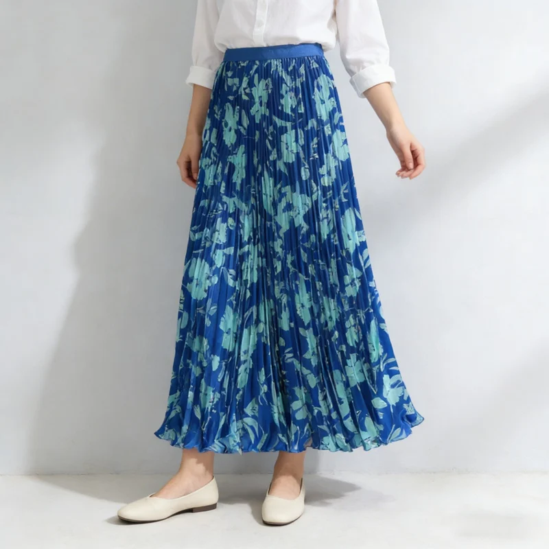 Women Flower Summer Skirt Pleated Long Skirt Vintage Casual High Waisted A-line Dance Party Beach Skirt Ankle-Length