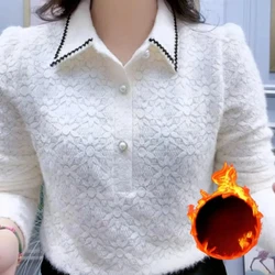 Turn-down Collar Button Solid Color Lace Pullover Long Sleeve Elegant T-shirt Fashionable Women's Clothing All-match Korean Tops