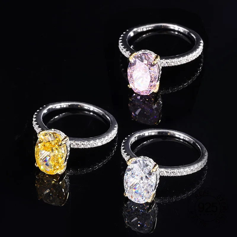 

8x12mm Egg Shape Pink Yellow Clear Color Crushed Ice Cut High Carbon Diamond 925 Sterling Silver CZ Ring