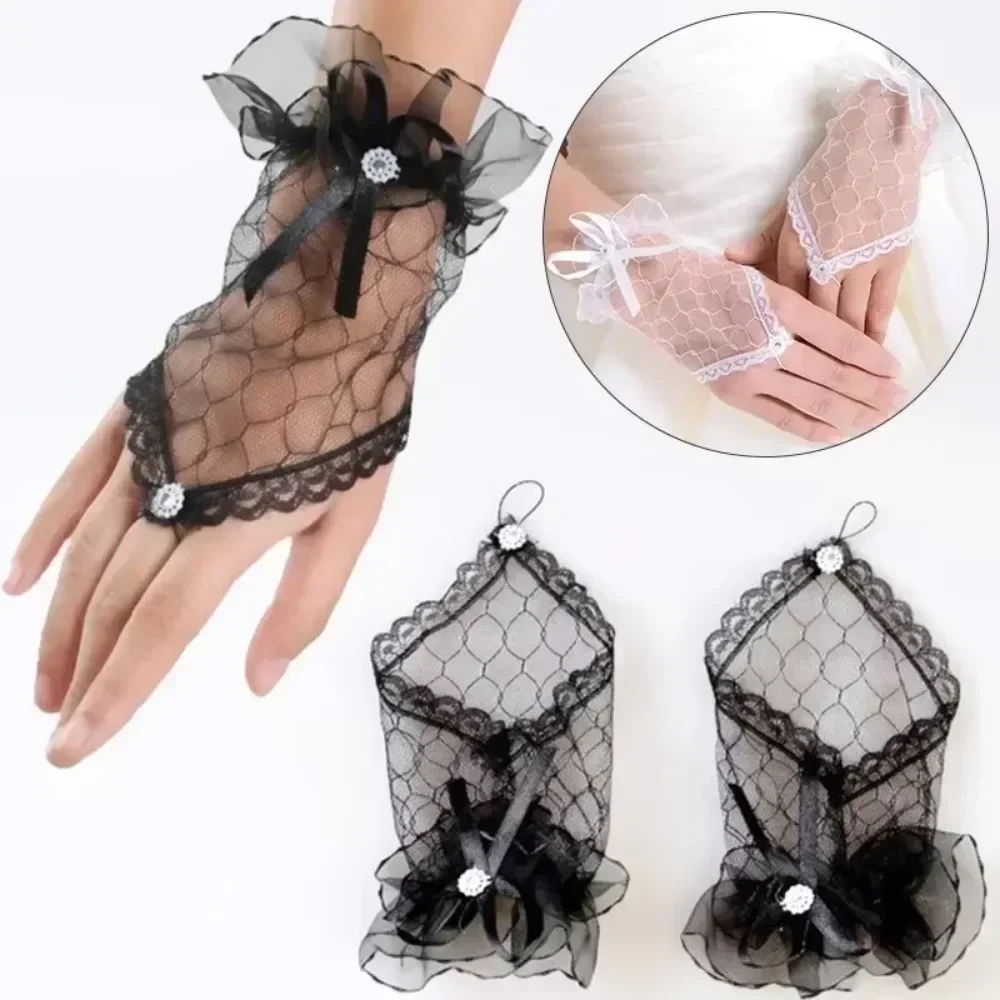 Gothic Short Black Gloves Female Harajuku Lace Bridal Wedding Halloween Lolita Dress Net Gauze Bow Hand Sleeve Fishnet Gloves