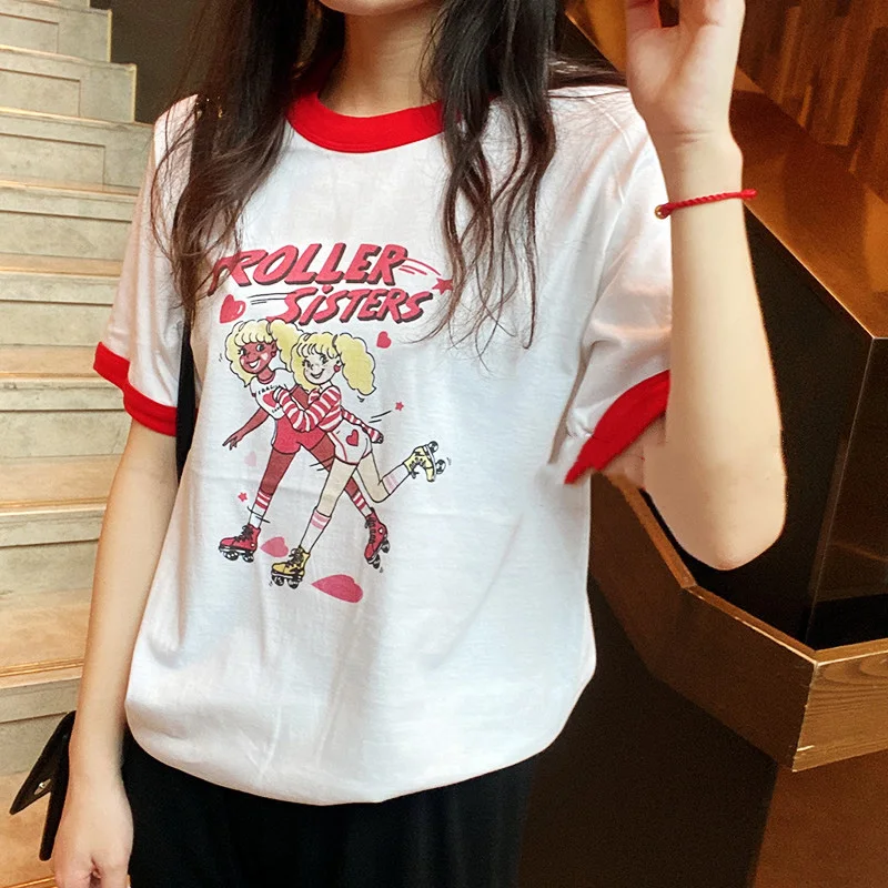 2022 Summer American Vintage Roller Sisters Printing Female Ringer T Shirts Short Sleeve Loose Cotton Crewneck Tops Tees Tumblr