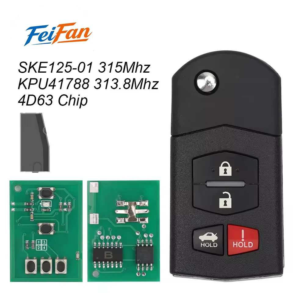 

FeiFan Flip Remote Car Key SKE125-01 315Mhz KPU41788 313.8MHz 4D63 Chip For Mazda 2 3 5 6 8 CX-7 CX-9 MX-5 Fob 3 4 Buttons