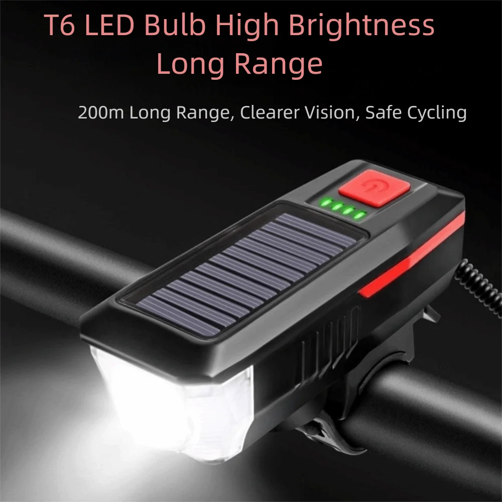 USB Rechargeable Solar Bicycle Light Power Display 3 Modes Bike Headlight with Horn Strong Light Bike Front Lamp Outdoor Cycling