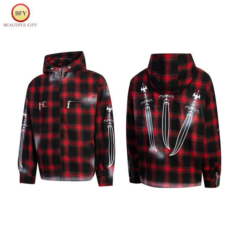 Red Checkered Thug Club24SS Holy Sword Metal Embroidery Logo Top Quality Zipper Flannel Mens Womens Hoodie Coats