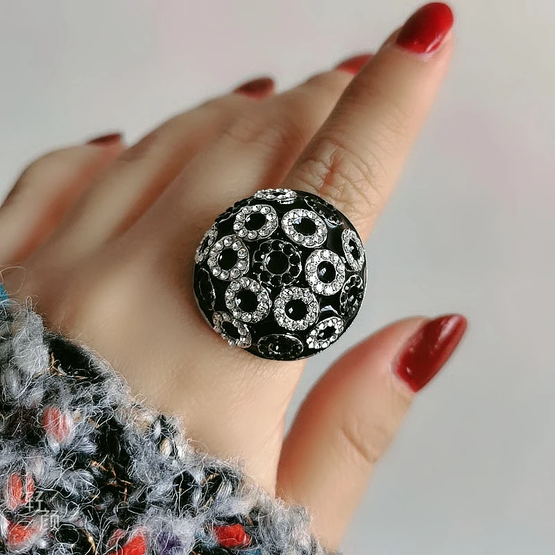 SINLEERY Unique Vintage Half Ball Round Black Enamel Big Rings Circles Cubic Zirconia Rings For Women Jewelry