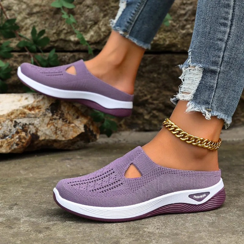 Damen-Slipper mit Strickmuster, atmungsaktivem Mesh-Oberteil, hohlem Design, Keilabsatz, dicker Sohle, leicht, für den täglichen Gebrauch und zum Spazierengehen im Freien. – Detail 6