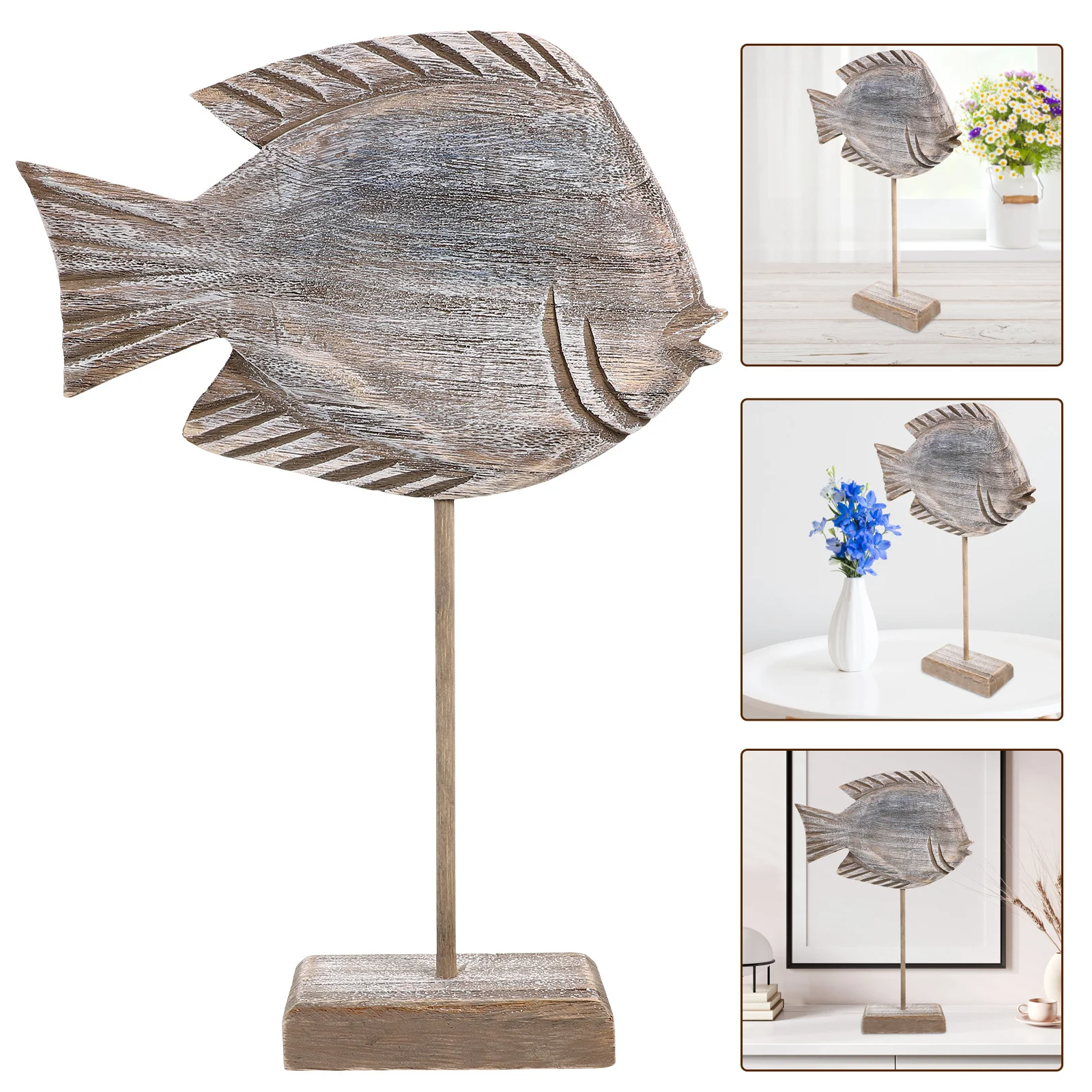 

Hand Carved Solid Wood Fish Statue Rustic Coastal Decoration Desktop Ornament Home Fish Shape Adornment for Table Mantel