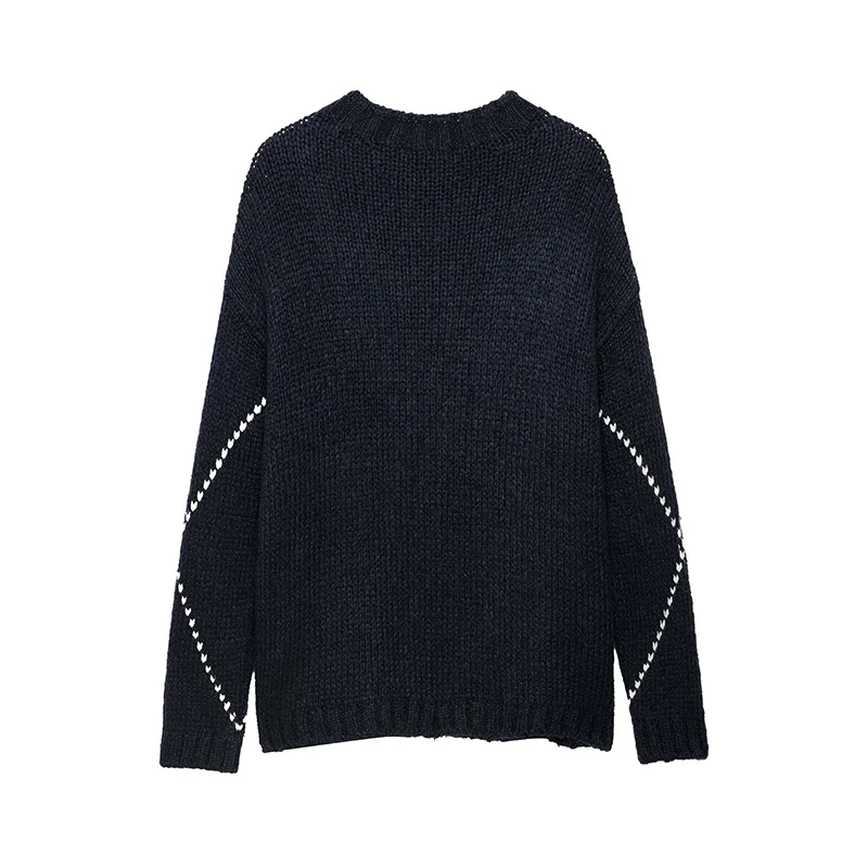 Fall Winter Women Crew Neck Argyle Pattern Knit Sweater Long Sleeve Loose Casual Pullover