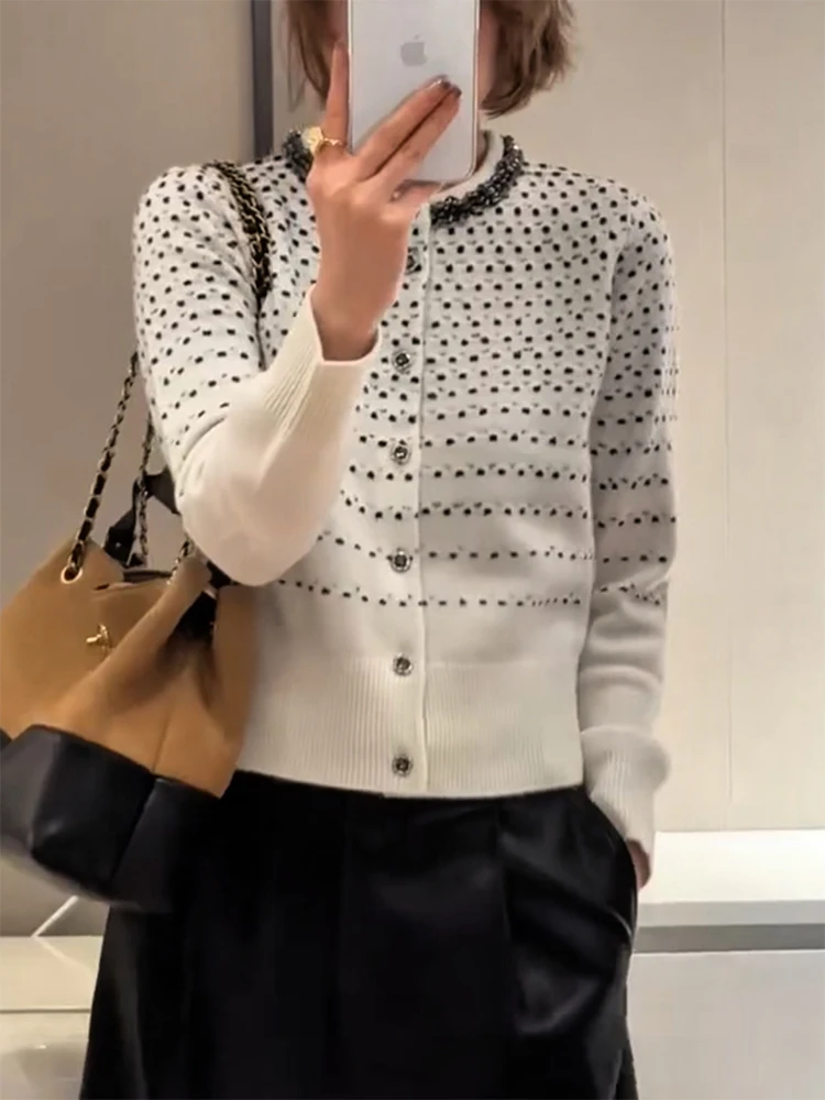 

Korean Design Polka Dot Splicing Knitted Open Cardigan Autumn Winter New Sle plus Size Ele Slimming Versatile Top