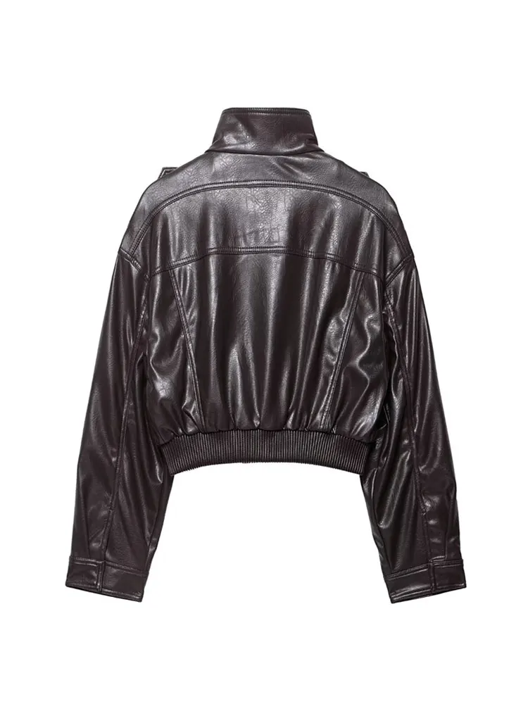 سترة نسائية قصيرة من الجلد الصناعي بأكمام طويلة وياقة عالية، بلوزة أنيقة مع جيوب بغطاء قلاب، ملابس خارجية نسائية #3