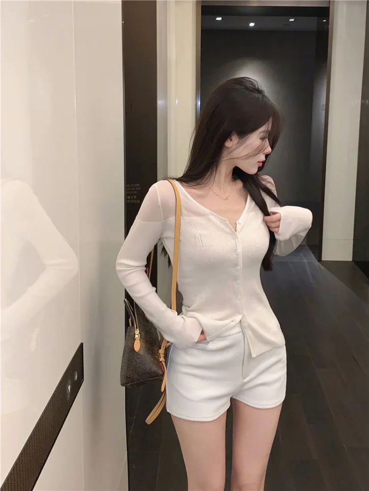 Korobov Y2k Clothes White V-neck Long Sleeve Knitting Top Female Autumn Splicing Perspective Slim Sexy Fashion Sueters De Mujer