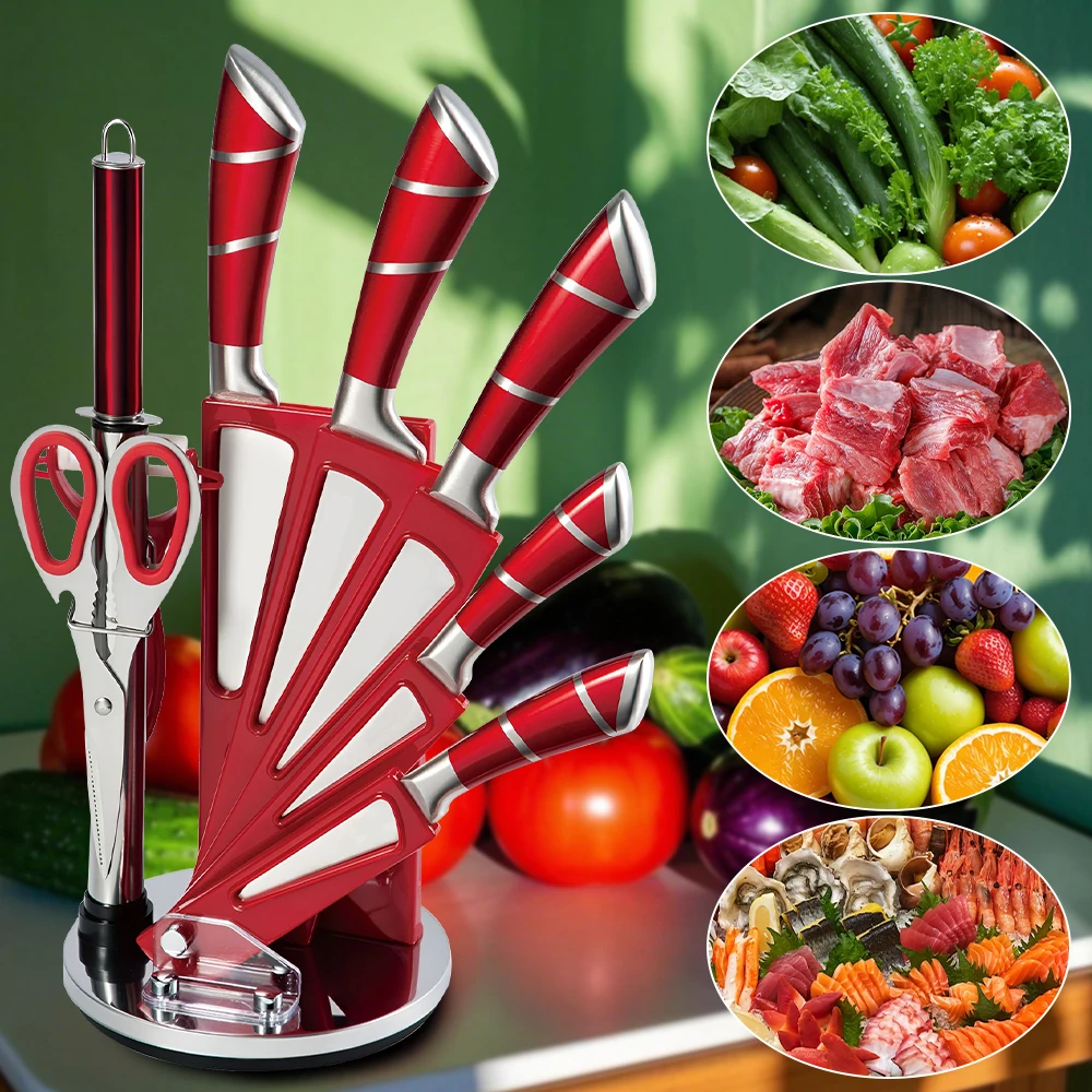 

MDHAND 9 шт. кухонные ножи премиум-класса с точилкой из нержавеющей стали, мясник для очистки мяса, тесак для говядины, сашими, кухонный измельчитель