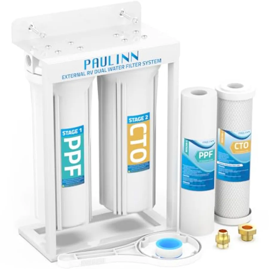 

External RV Dual Water Filters System Lead-Free and BPA-Free Camper Water Filter with Brass Fittings and Mounting Bracket and T