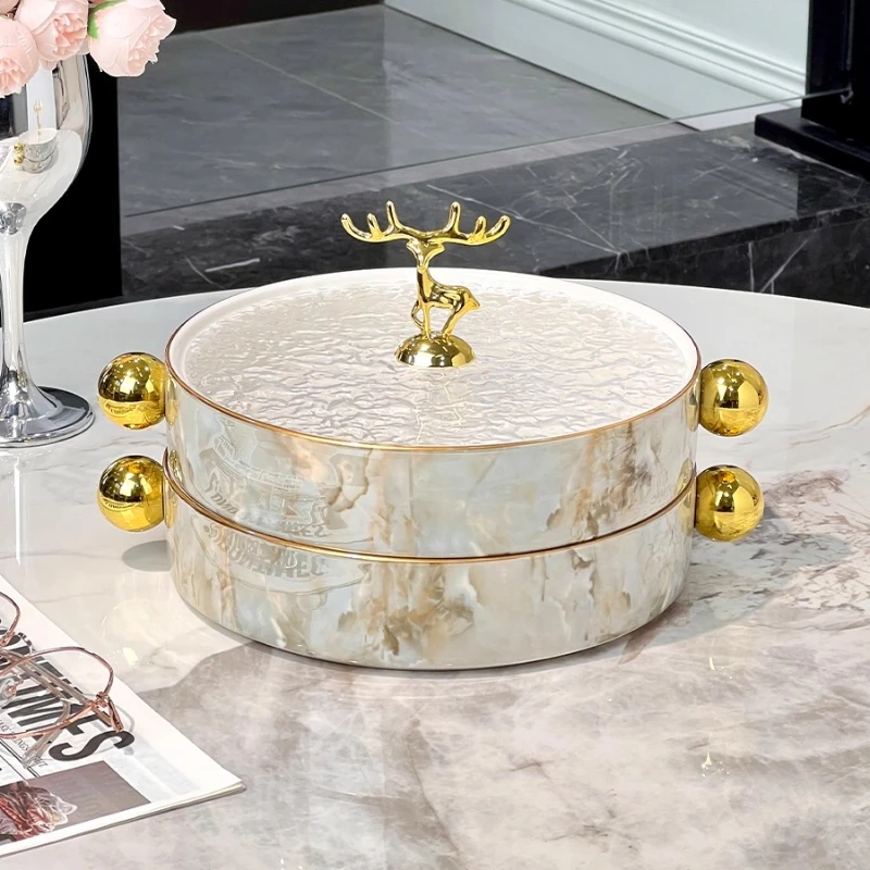 

High-end dried fruit plate Ceramic double-layer fruit plate Living room Household Chinese New Year candies