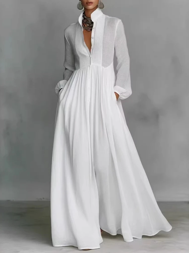 Elegantes Hochgeschnittenes Swing-Maxikleid für Damen, Frühling, Einfarbig mit Taschen, Plissiertes Maxikleid, Frühling-Herbst Langarm-Knopfkleid für Abendveranstaltungen