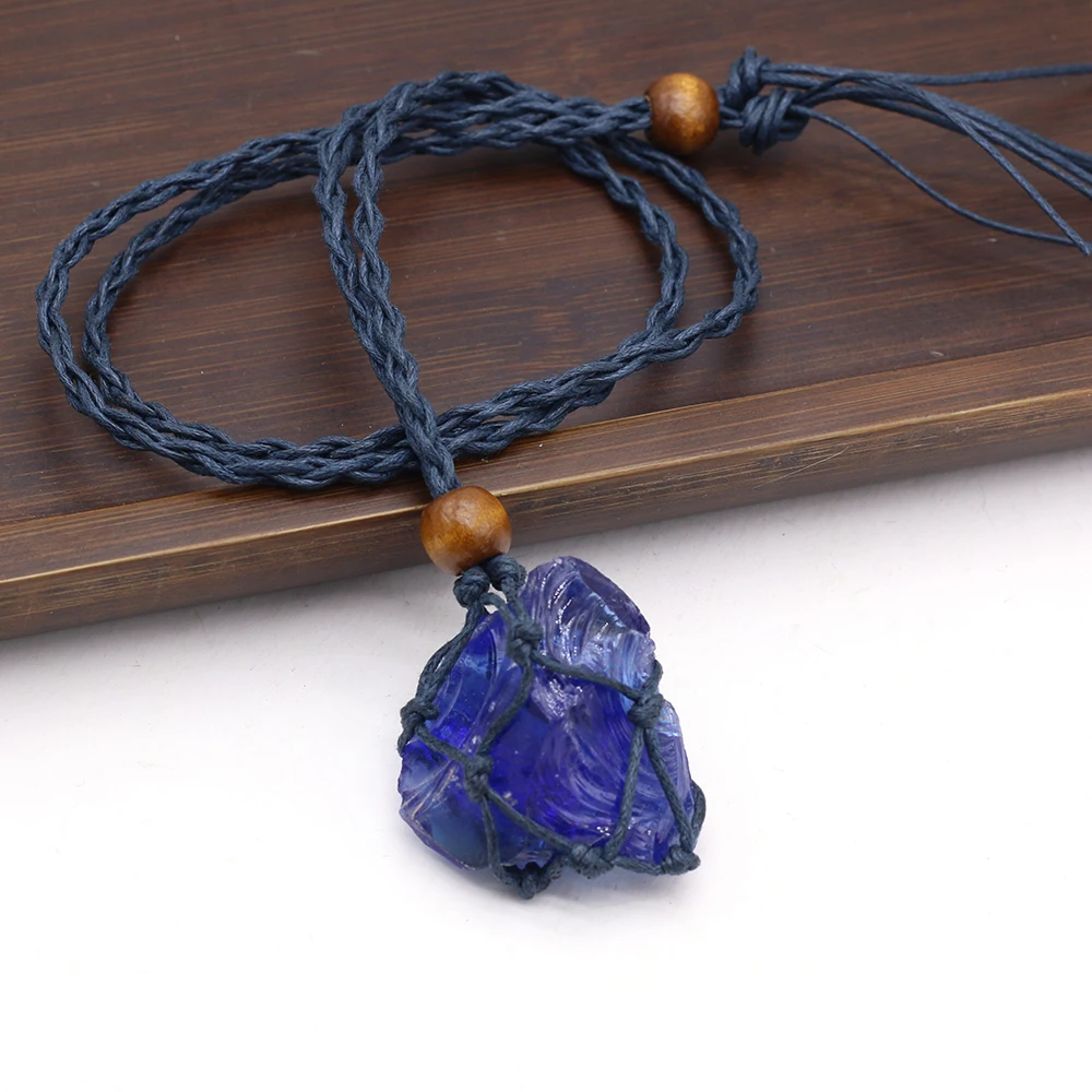 5PCS Irregular Rough Stones Net Pocket Metal Bamboo Chain Necklace Natural Reiki Healing Amethyst Crystals Pendant Necklace Gift