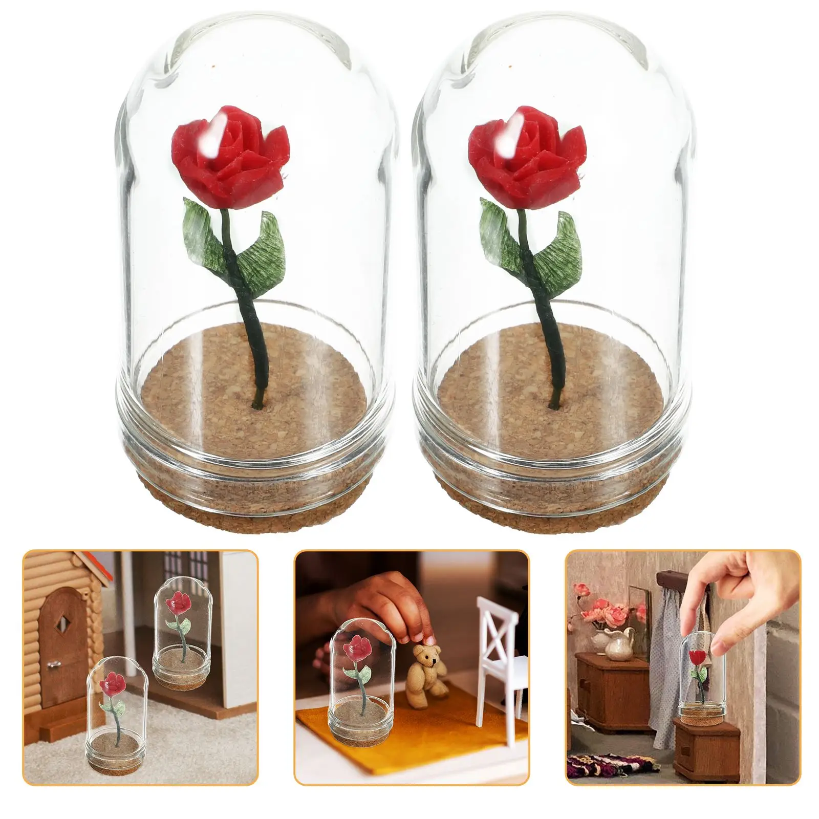 2pcs Dollhouse Miniature Flower In Dome Rose Miniature Scene Model Mini Flower Handicraft Glass Ornaments House Accessories