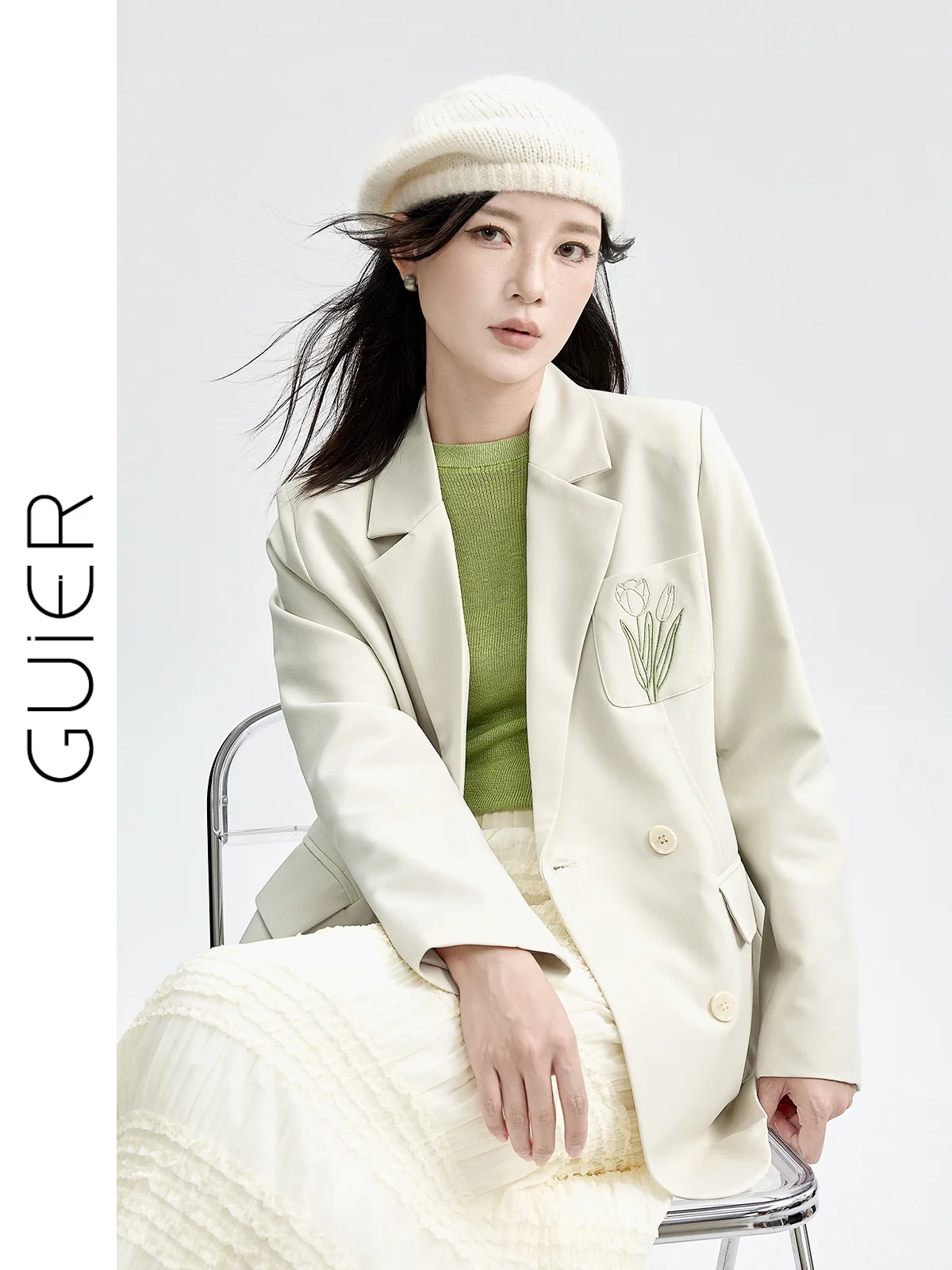 

Женский костюм Guier с вышивкой: повседневный, универсальный, свободного кроя, осенний, модный, с цветочным узором, двубортный, длинный...