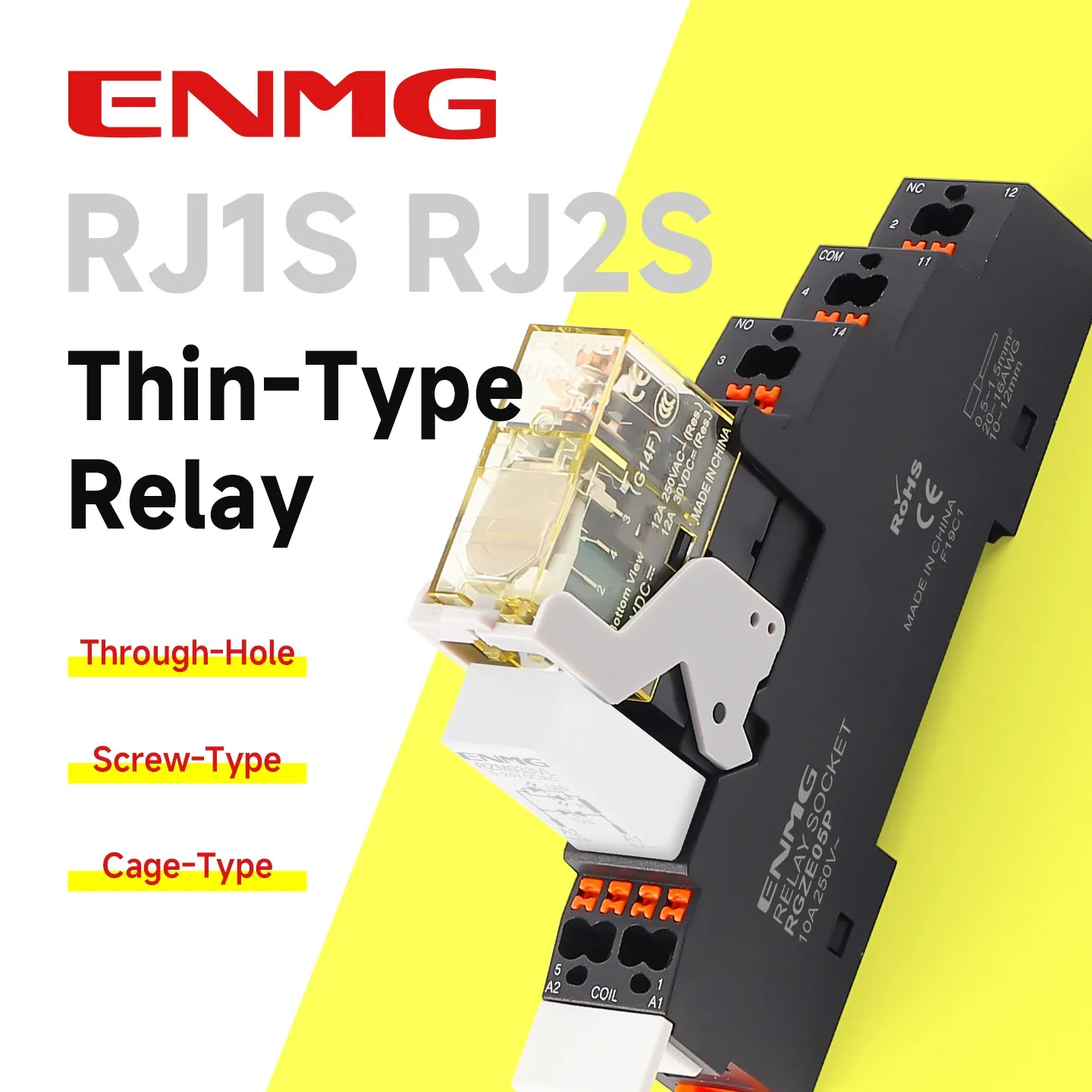 ENMG RJ1S RJ2S Thin Power Relay 12A 8A 24VDC 220VAC 1NO1NC 2NO2NC Electromagnetic Relay with DIN Rail Socket LED Indicator