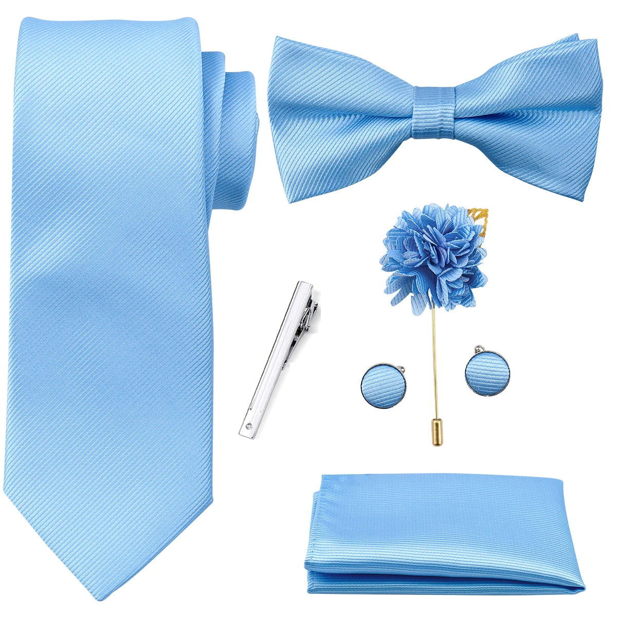 6pcs Mens Tie Set With Gift Box Solid Color Necktie Bowtie Pocket Square Floral Lapel Pin Cufflinks Tie Clip Suit Set Gravatas