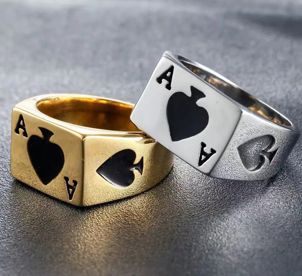 Men's Personality Vintage Casino Lucky Poker Ring Jewelry Men's Stainless Steel Size 7-14