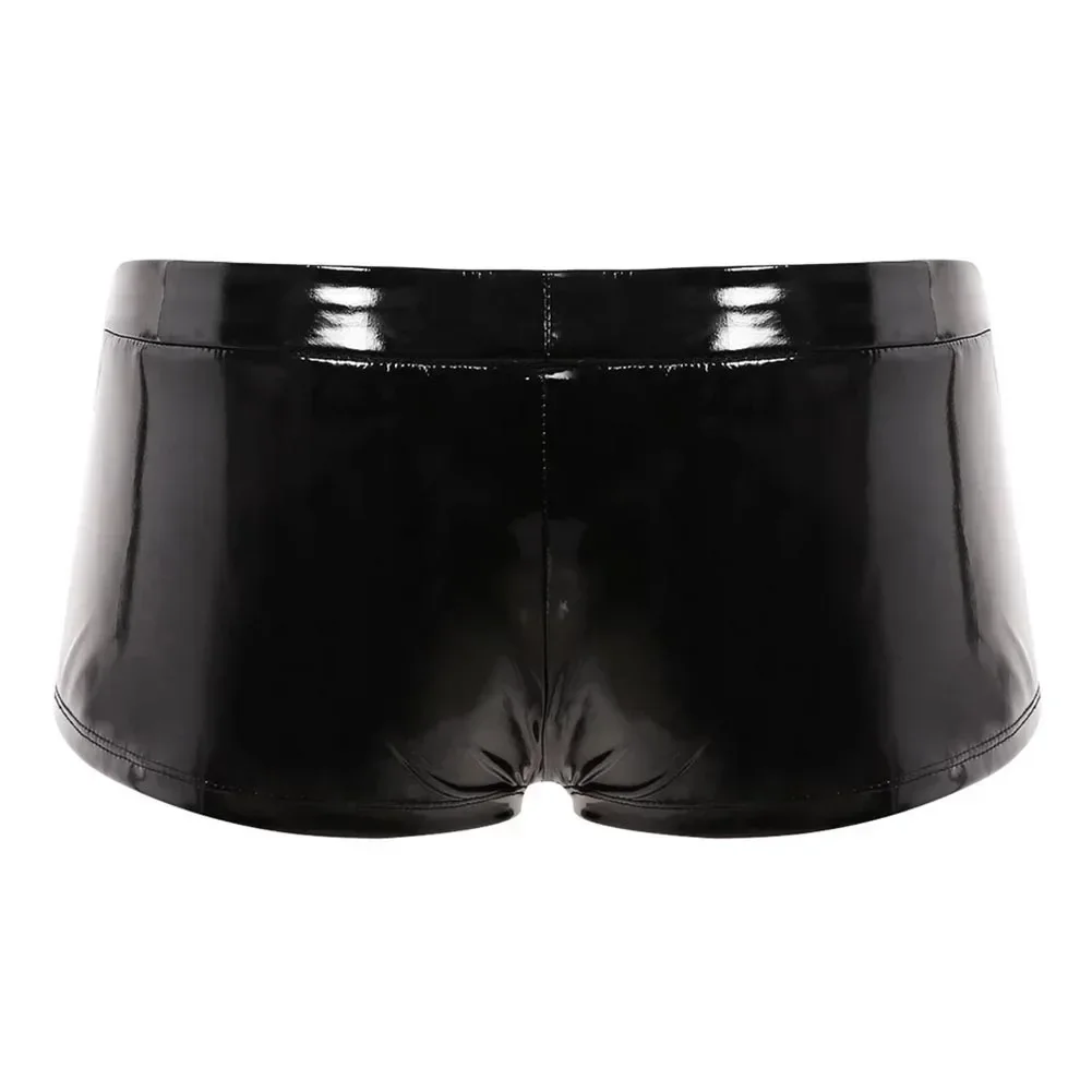 Boxer Briefs Men Underwear Crotchless Male Open Front Hole PVC Leather Sexy Slight Stretch Solid Color Wetlook