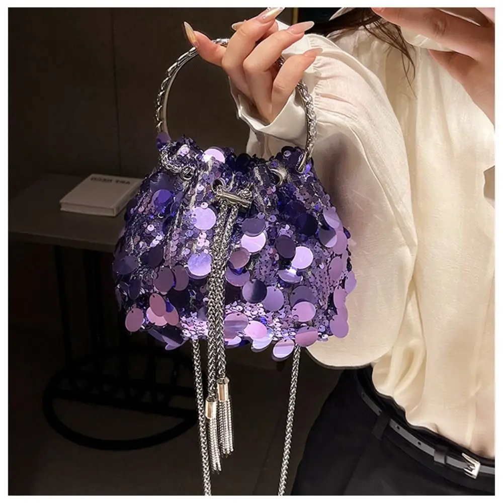 Mini Sequin Shoulder Bag Fashion Bucket Shiny Handbags Tassel Underarm Chain Crossbody Bags with Round Handle for Women Girl