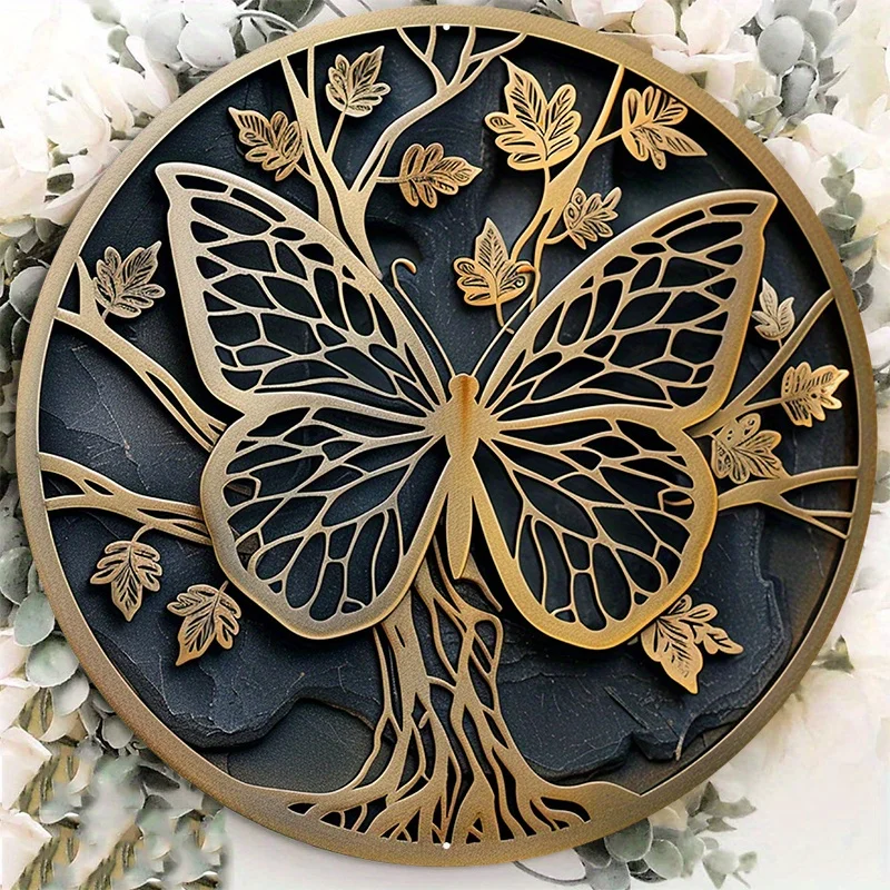 Stunning Gold Butterfly Tree Round Aluminum Sign, Decorative Door Hanger, Wall Decor, Durable Metal Sign for Home Decoration