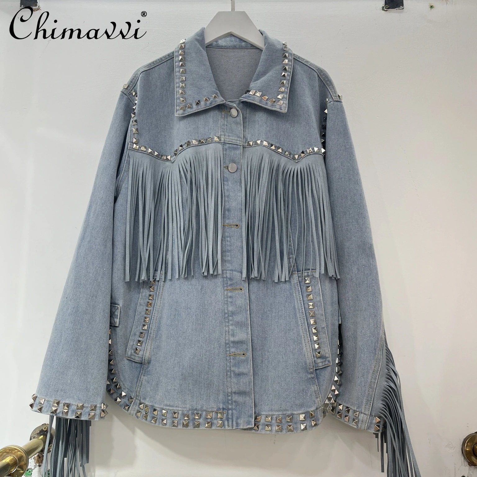 

2025 Autumn Fashion Heavy Industry Rivet Tassel Loose Versatile Denim Coat Single-breasted Long Sleeve Casual Jacket Top Women