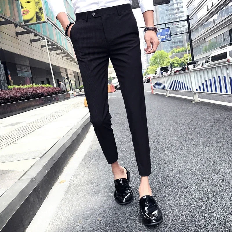 Tight Striped Men's Summer Pants 9 Cropped Male Suit Trousers Spring Clothes Vintage Slacks Luxury Anti-wrinkle Stylish Formal