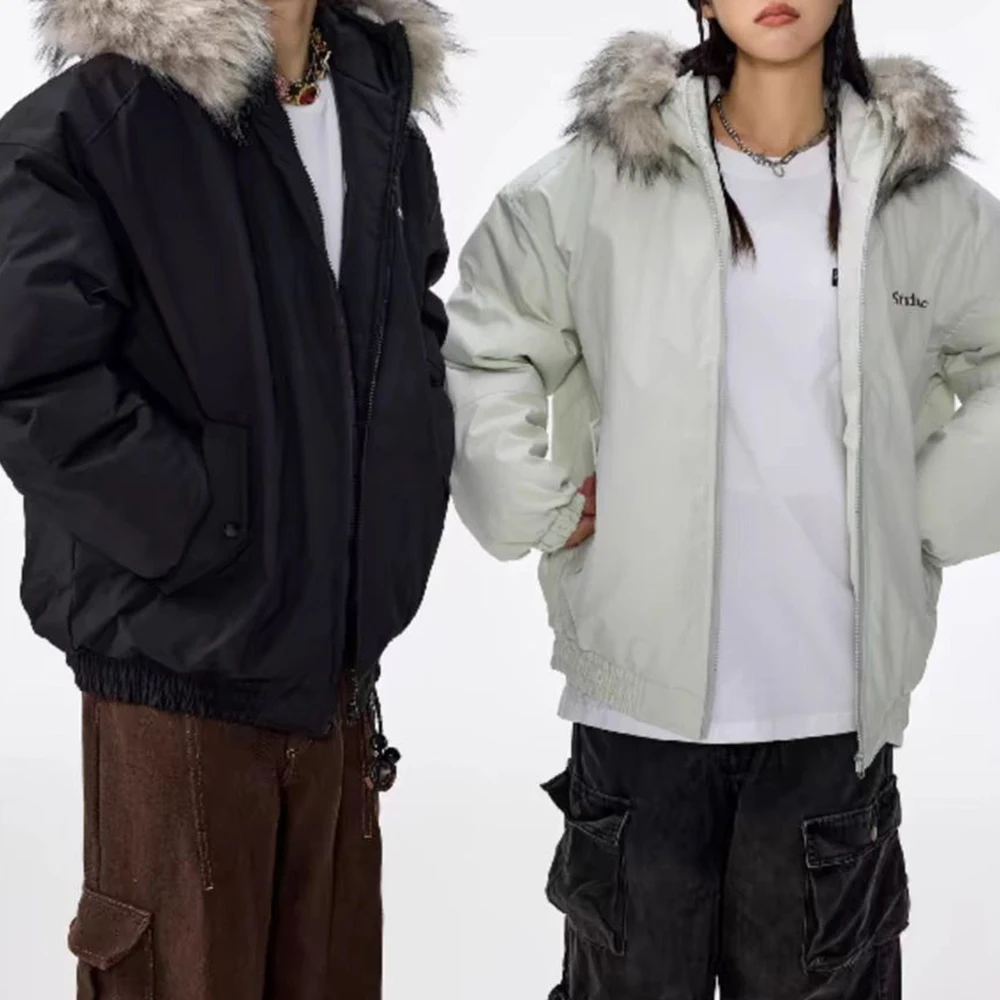 

Japanese Street Thickened Workwear Hooded Cotton Jacket For Men With Detachable Fur Collar Cotton Jacket For Winter Warm Coat