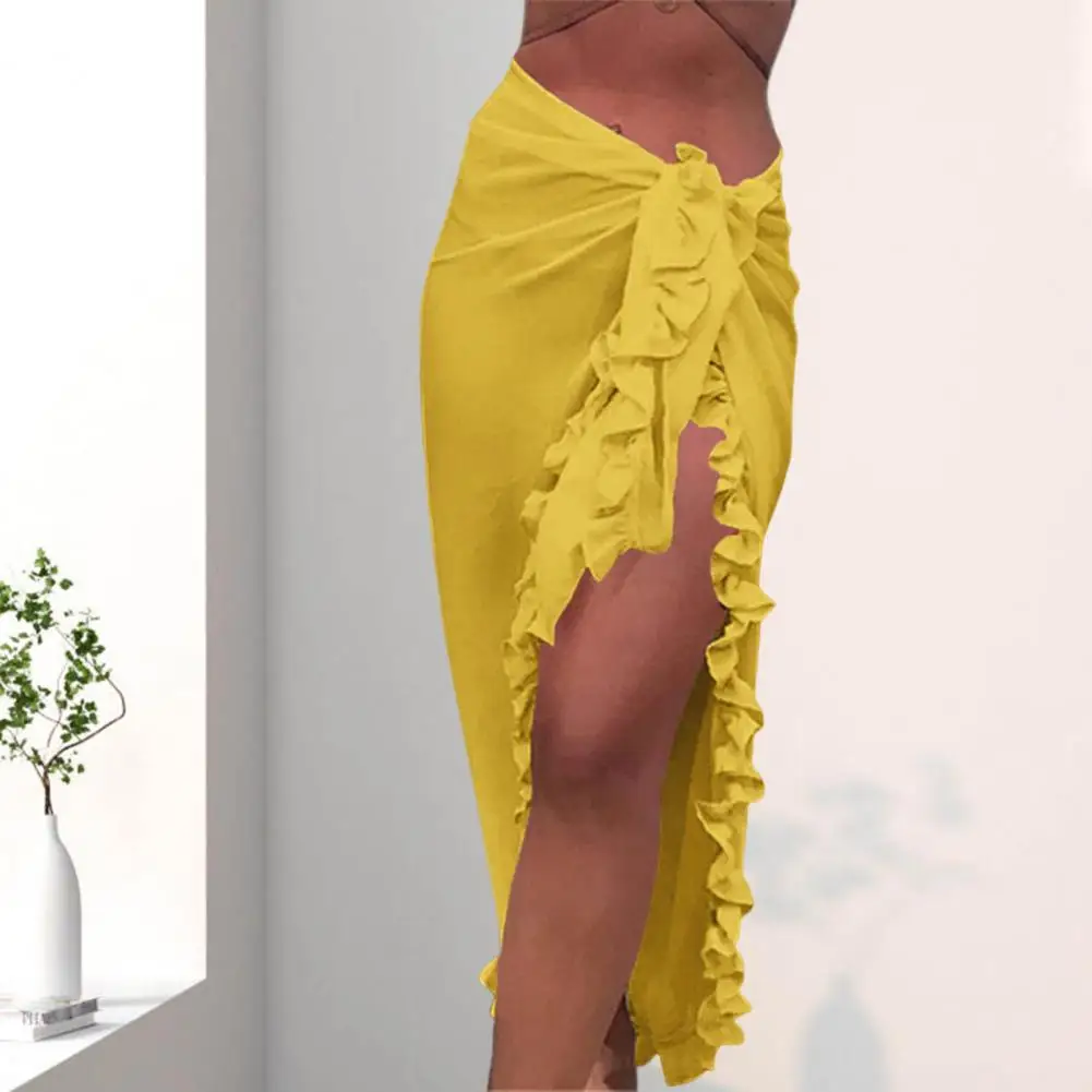 Women Beach Skirt Ruffle Cover Up Skirt Solid Color High Split Lace Up Beachwear Sunscreen Mid-calf Length Lady Bikini Skirt