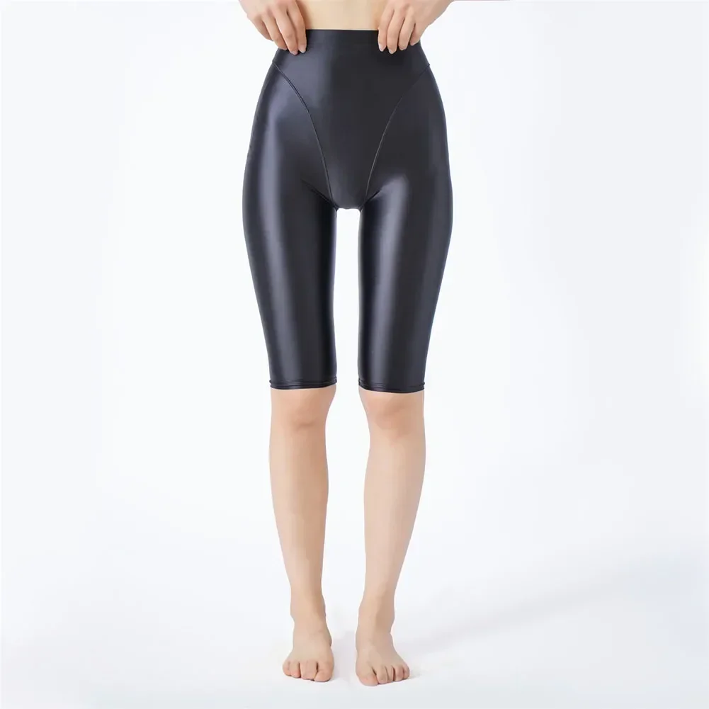 Women Sexy Oil Shiny Yoga Short Pant Silky Bottoming Elastic Bodycon Plain Fit Plus Size Slim Yoga Pants Short Ladies Leggings