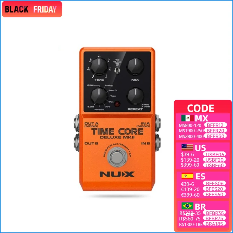 تأثيرات الجيتار الكهربائي NUX-Time Core Deluxe MKII، دواسة تأخير متعددة الاستخدامات، 7 أنواع، عبارة Looper، ملحقات الجيتار