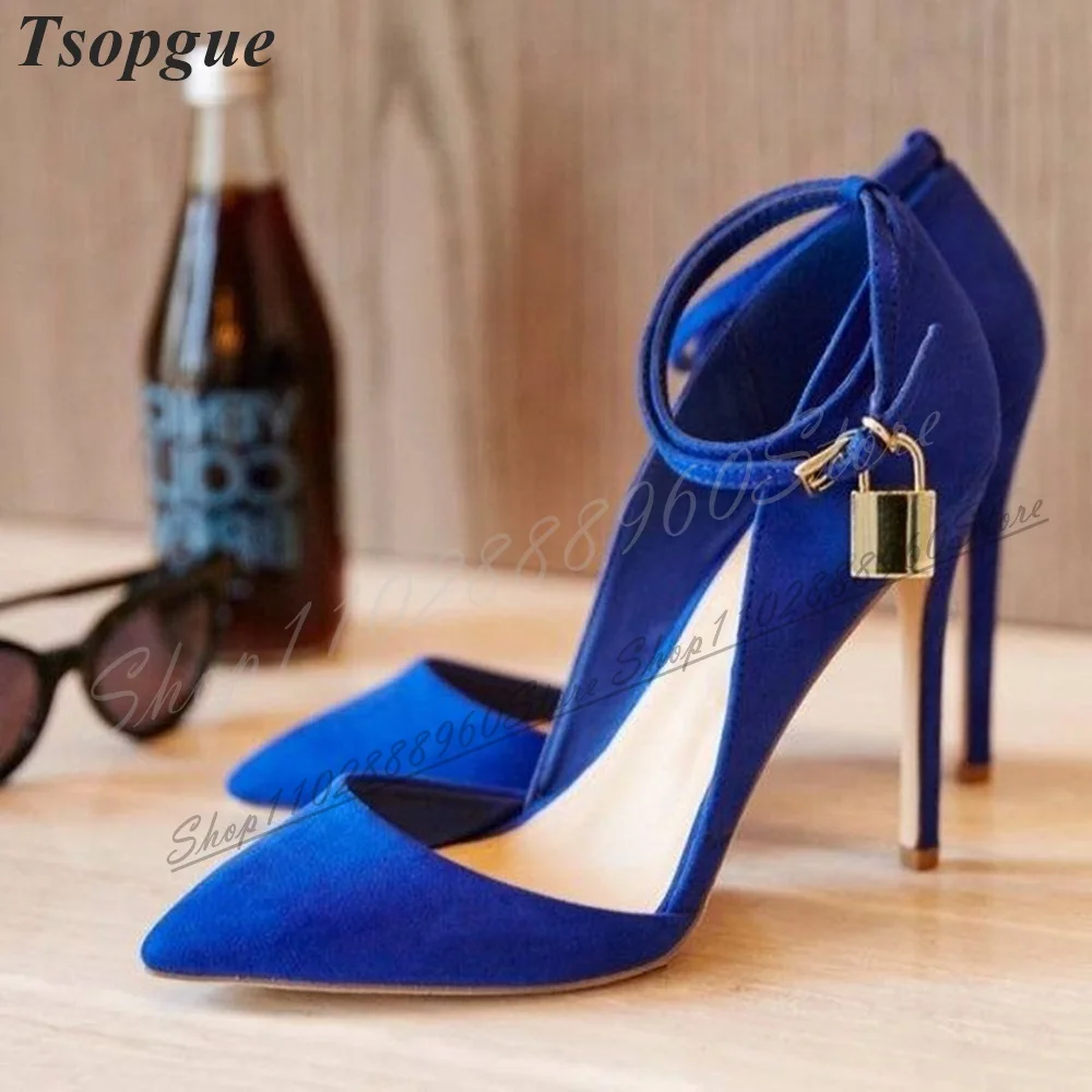 Luxury Blue Flock Key Lock Sandals Thin High Heel Women Shoes Ankle Buckle Strap Pointed Toe 2024 Fashion Zapatos Para Mujere