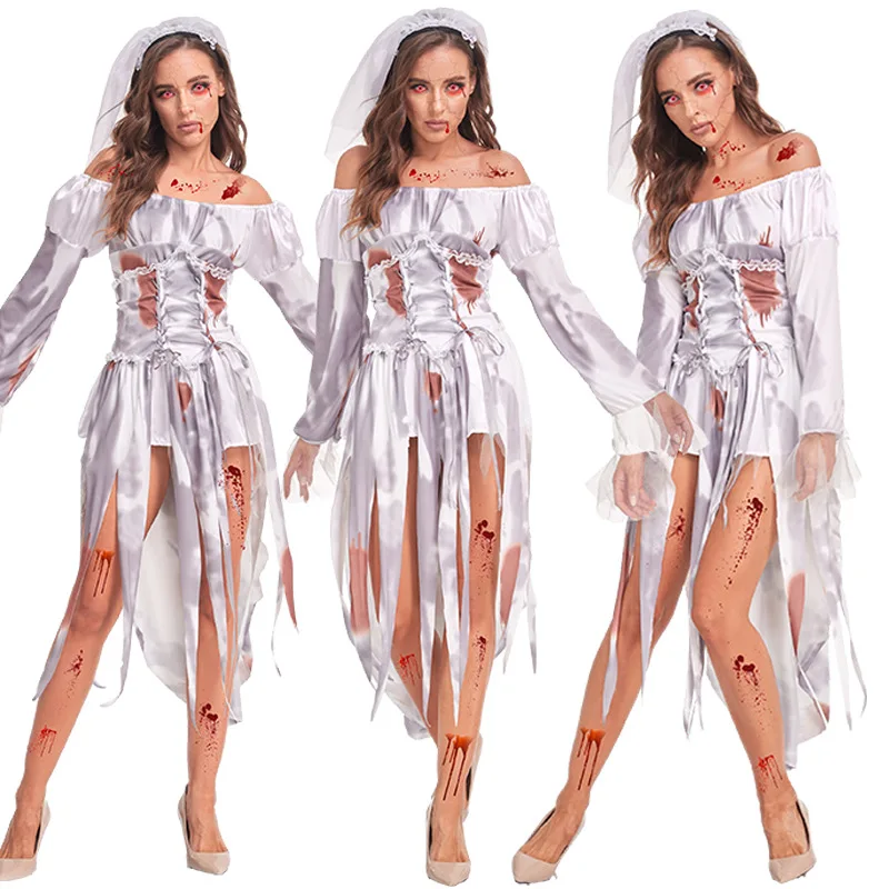 

loween New Sle Bloodstained Long Dr Women's Zombie Bride Cosplay Role-plang Costume Hanfu Ethnic Men's Clothing