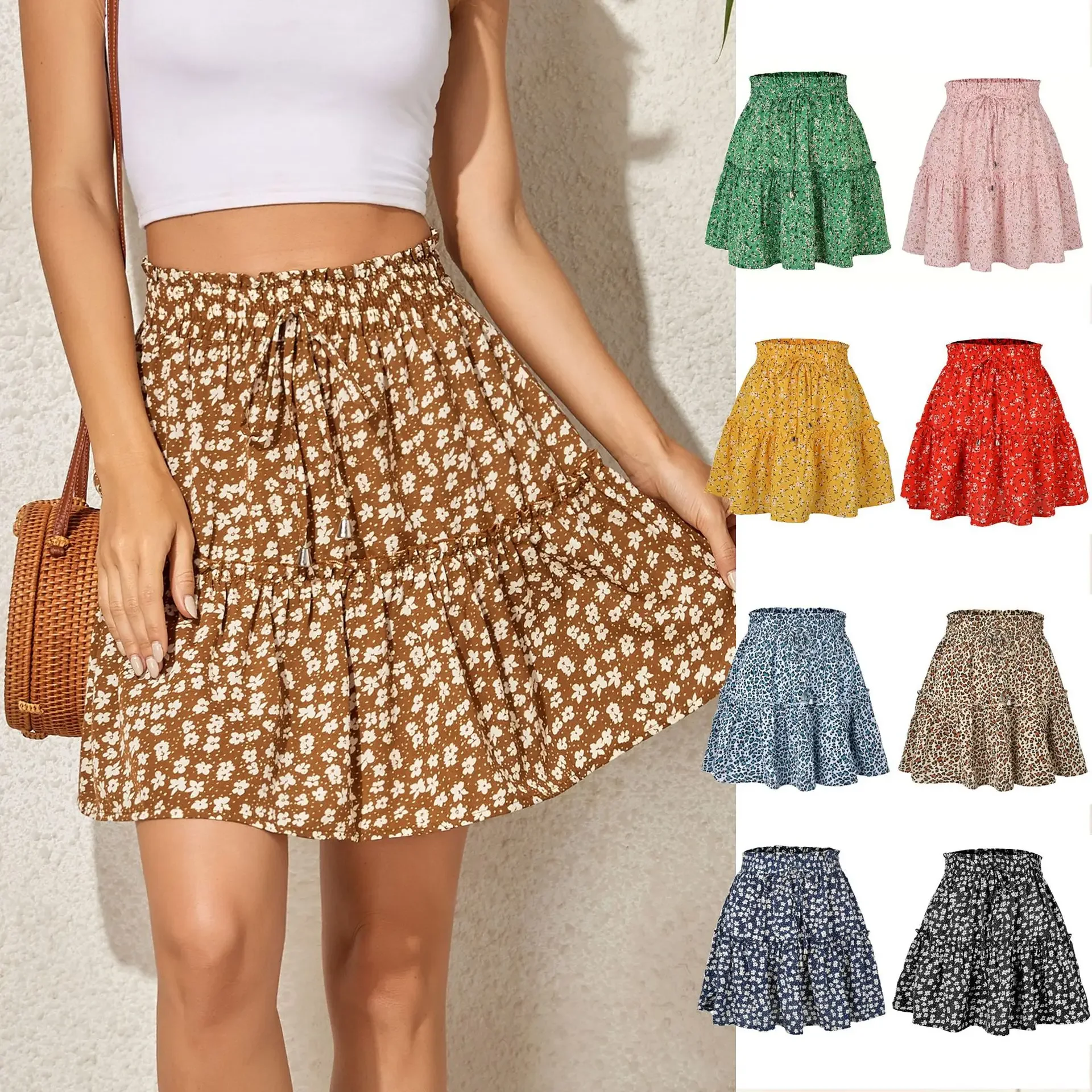 2024 Hot Sexy Ins Women's High Waist Fashion Printed Skirt Bohemian Style Small Floral A-line Female Mini Skirts Womens