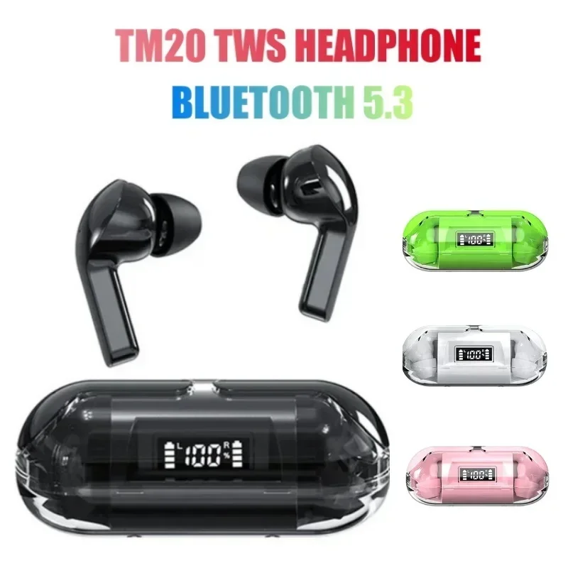 TWS Earphones Bluetooth 5.3 Wireless Headphone Sport Earbuds LED Digital DisplayTransparent Headset TM20 Gaming Pods