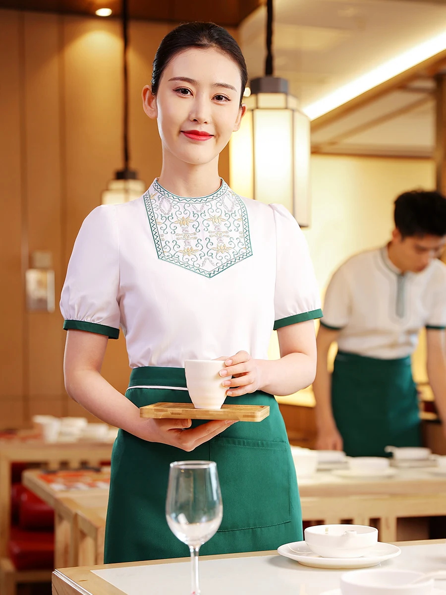 2023 Summer Chinese Restaurant Waiter Short Sleeve Top+Apron Set Wholesales Western Hotel Staffs Work Clothing Free Shipping