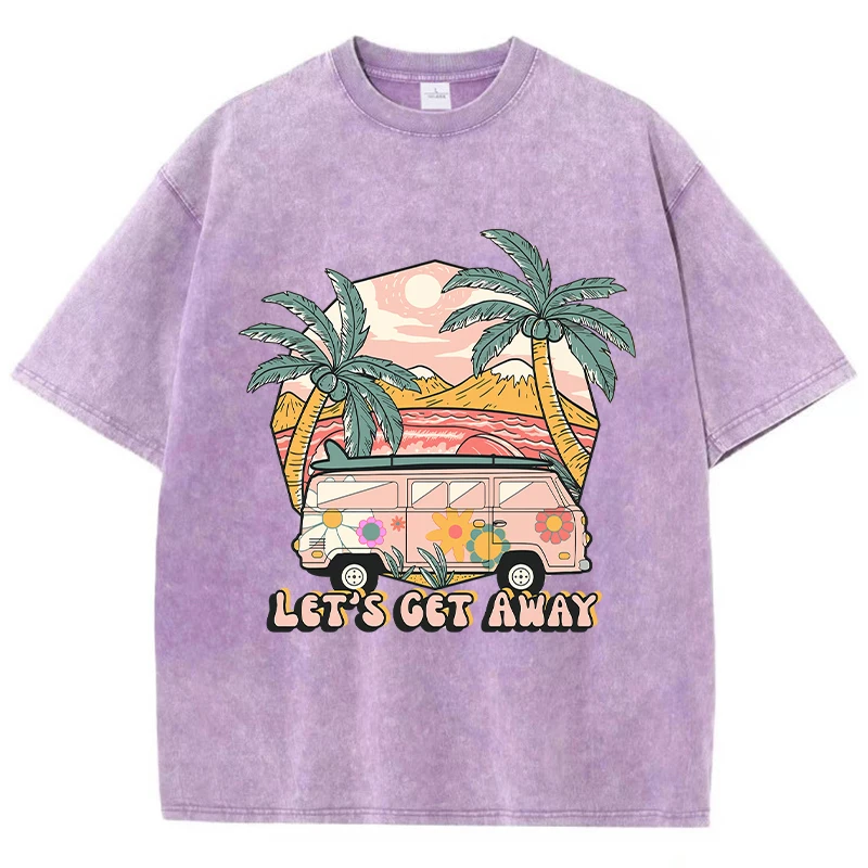 Harajuku Frauen Baumwolle Gewaschen T-Shirt Let'S Get Away Take The Bus Go On Vacation Gedruckt Tees Mode Straße Tops Weibliche Kleidung