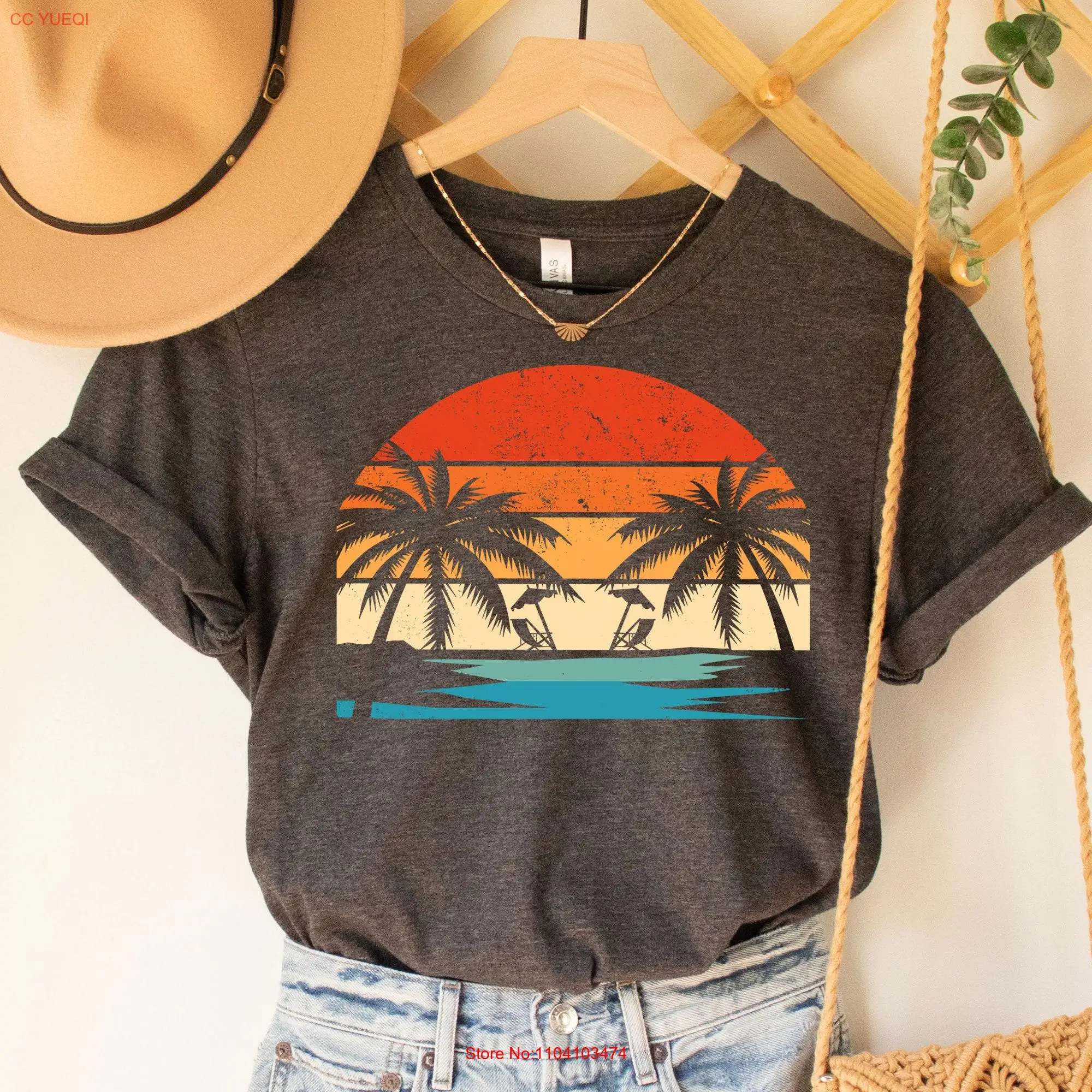 Retro Palm Tree SunseT T Shirt Beach Cute Vintage Tropical Summer Colorful Glitch Nature long or short sleeves