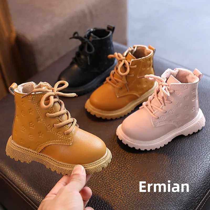 

Children Autumn Winter Kids Zipper Leather Boots Girls Fleece Warm Embossed Boots Girls Fashion Solid Color Front Lace-up Boots