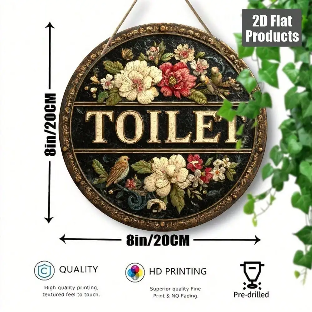 Handmade Wooden Vintage Toilet Sign Floral Gold Lettering Bathroom Wall Decor 8x8 Inch
