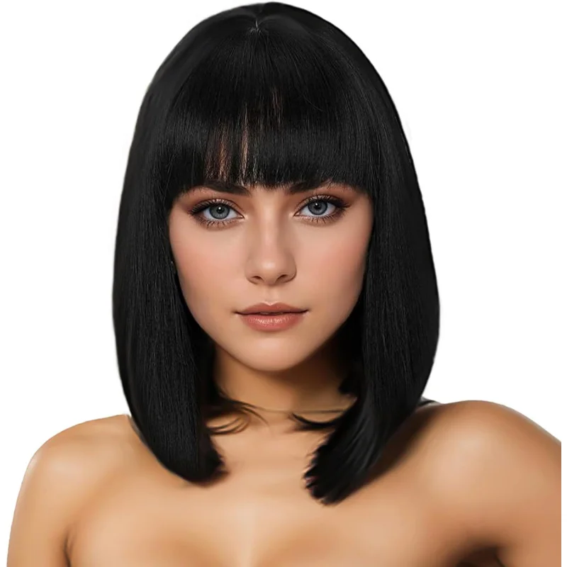 

Черный прямой парик-боб с челкой для женщин, короткий прямой парик-боб, синтетические парики для косплея, повседневного использования и вечеринок