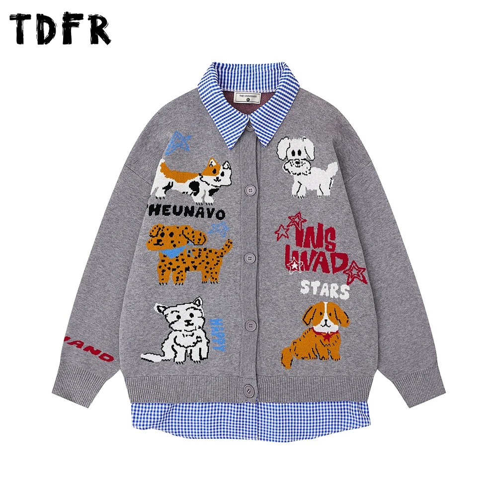 

Puppy Jacquard Fake two-piece Sweatercoat Mens Retro Casual Single Breasted Spliced Loose Long Sleeve Knitted Cardigan Man